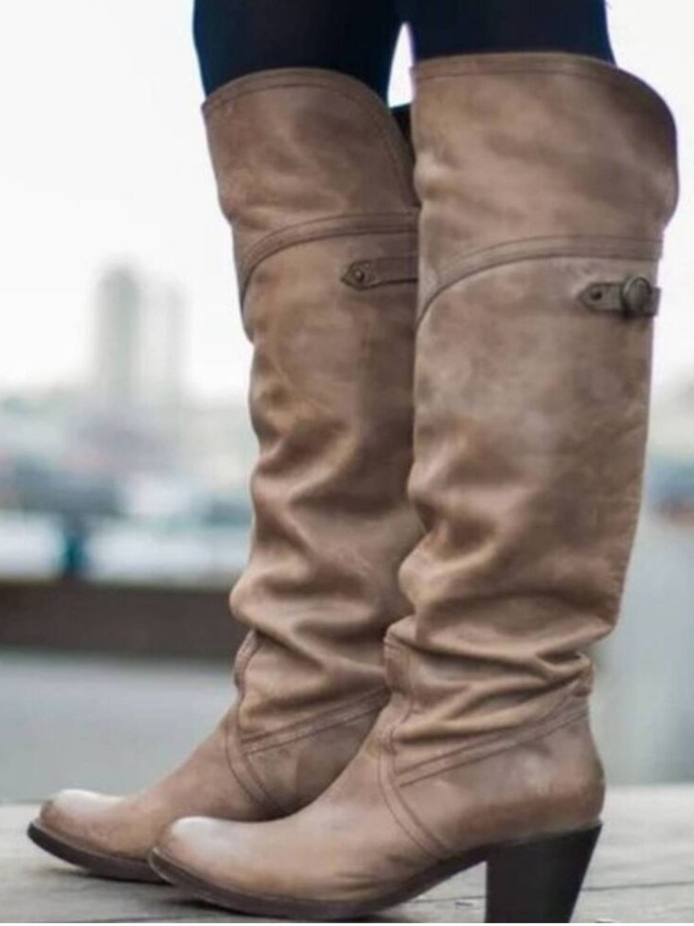 Frye Jane Tall Knee High Slouchy Distressed Cuffed Boots Tan Womens 9B